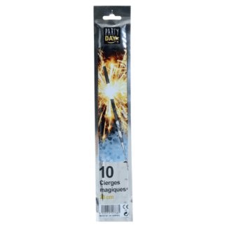 Descriptif des Cierges Magiques GM : Artifice de soirée, décoration pour anniversaire, bouteilles, gâteaux... artifice à tenir à la main ou à planter... Lire la notice avec attention avant utilisation ! Sachet de 10 pièces Dimensions : H. 25 cm Durée : environ 50 secondes Référence : 811GM Couleur : Uni - Mondo Déco entreprise française