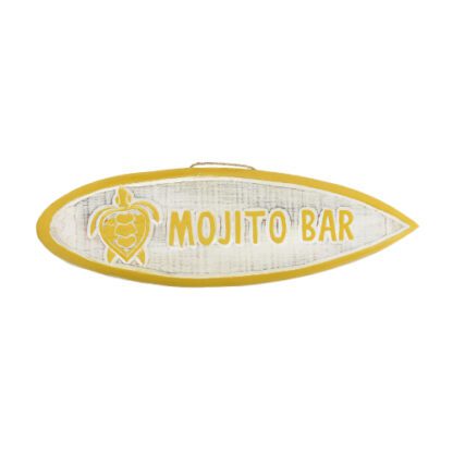 Planche surf Mojito Bar : Décoration murale inspiration Tiki Fabrication artisanale, sculpté et peint à la main 1 pièce Avec une corde pour suspension Dimensions : H. 80 cm Couleurs : multicolore Matière : jaune et bois blanchi Référence : 7420 Ambiance Tiki - mondo deco entreprise française