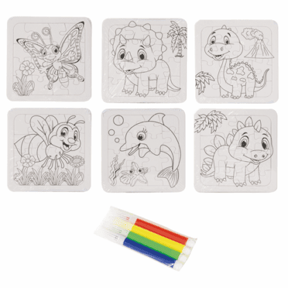 Puzzle à colorier : Idéal cadeau menu enfant ! 48 pièces Dimensions : 13,5 x 13,5 cm Feutres inclus Matière : carton Référence : 7426 - mondo deco entreprise française