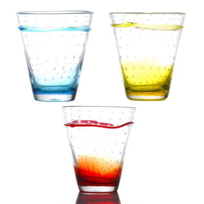 Verres Mojito GM x 6 - verres de fabrication artisanale, soufflés à la bouche, pièces uniques. Verres jaune, bleu, rouge en transparence. Mondo Déco entreprise française.