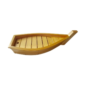 Bateau Bois PM, présentation fruits de mer, spécialités, apéritifs, wraps, sushis en bois - forme bateau - plaque amovible, système d'écoulement d'eau - Mondo Déco entreprise française