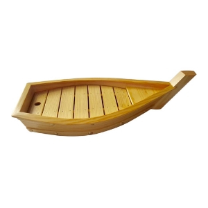 Bateau Bois, présentation fruits de mer, spécialités, apéritifs, wraps, sushis en bois - forme bateau - plaque amovible, système d'écoulement d'eau - Mondo Déco entreprise française