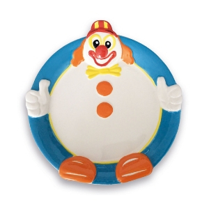 Assiettes Tchoupi, assiette pour enfant en céramique, forme ronde - clown souriant - bleu, orange, rouge, jaune, blanc - Mondo Déco entreprise française