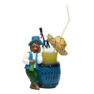 Porte-verre Tropical Spirit - décoration cocktails - verre à cocktail en résine - coupe à glace en résine - avec bonhomme / homme appuyé sur un tonneau - mondo déco entreprise française