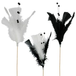 Plumes Black & White - Décors glaces et cocktails - 320 pièces - Dimensions :  H. 15 cm - Matière : Bois, plumes et perles en plastique - Couleur : Noir et blanc - Modèles aléatoires - Référence : 7008B - Collection : Les Plumes - Mondo déco entreprise française