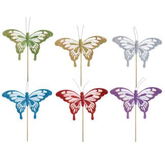 Papillons Flamboyants : 12 pièces - Sur pique en bois - Dimensions hors pique : L. 16 cm | H. 9,5 cm - Référence : 7077 - Matière : Plastique et Paillettes - Couleur : Uni et transparent - Modèles aléatoires - décors Glaces et Cocktails - Mondo Déco entreprise française