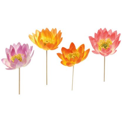 Fleurs de Lotus sur pique : 250 pièces Sur pique longue Dimensions hors pique : Ø 11 cm Assortiment multicolore Modèles aléatoires Matière : synthétique Référence : 713 Décoration glaces et cocktails - mondo déco entreprise française