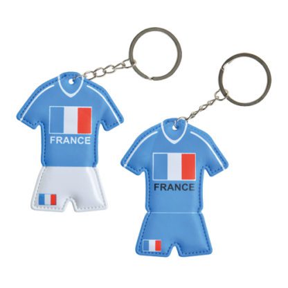 Porte-clés Maillot France - Porte-clés maillot de foot France - porte-clés maillot de rugby France - décors glaces et cocktails - 12 pièces - Dimensions : H. 7,5 cm - Référence : 7156 - Matière : Plastique et métal - Couleur : Bleu et blanc - Drapeau français - bleu, blanc, rouge - Modèles aléatoires - mondo déco entreprise française