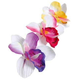 Orchidées PM sur pique : 250 pièces Sur pique courte Dimensions hors pique : Ø 9 cm Assortiment multicolore Modèles aléatoires Matière : Tissu, plastique et bois Référence : 786 Décoration glaces et cocktails- mondo déco entreprise française