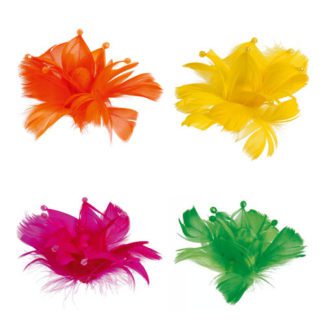 Fleurs Plumes Couronne - 300 pièces - Sur pique en bois - Dimensions hors pique :  H. 9 cm - Ø. 10 cm - Référence : 819A - Matière : Bois et plumes - Couleur : Uni, rose, orange, jaune, vert... - Modèles aléatoires - Collection : Les Plumes - décors glaces et cocktails - Mondo Deco entreprise française