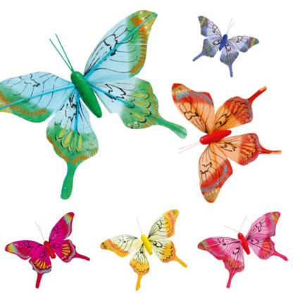 Papillons Plume 12 cm : 12 pièces - Sur pique en bois - Dimensions hors pique : L. 12 cm - H. 9,5 cm - Référence : 870 - Matière : Bois et Plume - Couleur : Multicolore - Modèles aléatoires - Décors Glaces et cocktails - mondo déco entreprise française