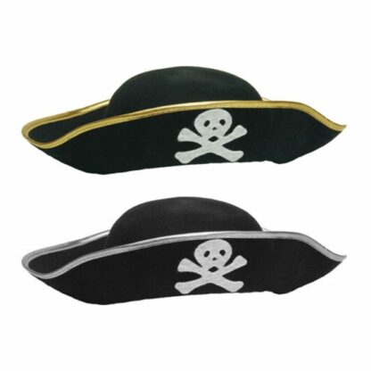 Tricorne, chapeau de pirate noir, liseré doré ou argenté, taille adulte - chapeau pirate - pour soirée à thème pirate etc... motif crâne avec os en croix - motif tête de mort - mondo déco entreprise française