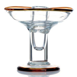 Coupes Vesuvio Caramel : Coupes à glace avec deux - 2 compartiments verre soufflé à la bouche, pièce unique, fabrication artisanale. Verre transparent, pied haut transparent et épais, contenant intégré dans le pied. Bords marrons en verre. Mondo Déco entreprise française.