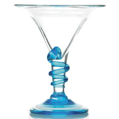 Coupes Cobra Bleues : Coupe transparente, évasée, en verre soufflé, fabrication artisanale. Pied haut, spirale orange mandarine, qui s'enroule autour du pied. Mondo Déco, entreprise française