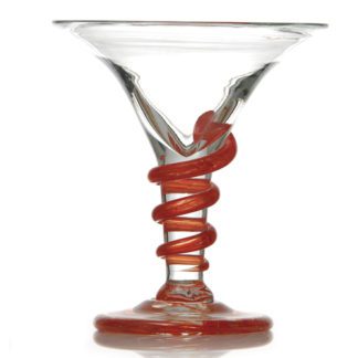 Coupes Cobra Mandarine : Coupe transparente, évasée, en verre soufflé, fabrication artisanale. Pied haut, spirale orange mandarine, qui s'enroule autour du pied. Mondo Déco, entreprise française