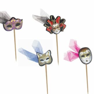 Masques carnaval sur pique : 200 pièces Sur pique Dimensions hors pique : H. 7 cm Assortiment multicolore Modèles aléatoires Matière : Plastique, bois Référence : 703 Décoration glaces et cocktails - Mondo Déco entreprise française