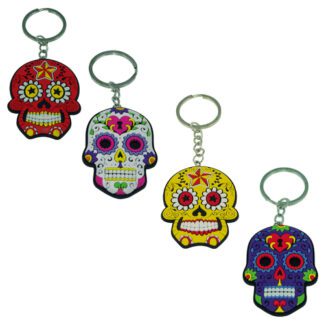 Porte-clés Calaveras - Santa Muerte - Katrina - 25 pièces - Piques en bois incluses - Dimensions : H. 5,5 cm - Référence : 755 G - Matière : Silicone et métal - Couleur : Multicolore - Modèles aléatoires - Mondo Déco entreprise française