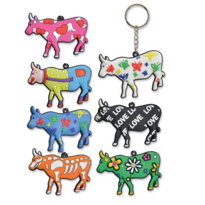 Porte-clés Vaches - 40 pièces - Piques en bois incluses - Dimensions : H. 5 cm - L 7 cm - Référence : 755L - Matière : Silicone et métal - Couleur : Multicolore - Modèles aléatoire - Mondo Déco entreprise française