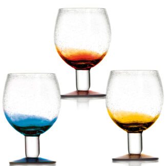 Verres Miami Alizée, verres à pied, forme arrondie, ovale. Couleur jaune, bleue, rouge en transparence. Grande contenance 1 Litre - Mondo Déco, entreprise française