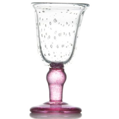 Coupes Sidney Rose : Couleur de la coupe : transparente, verre bullé. Couleur du pied : rose. Pied travaillé. Fabrication artisanale, verre soufflé à la bouche. Mondo Déco entreprise française