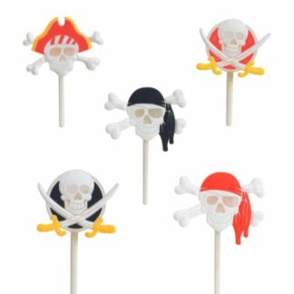 Pirates Clignotants à LED - Pique décoration gâteau - décoration alimentaire - Ambiance pirate, modèles aléatoires - Dimensions : H. 3,5 à  4 cm - Matière : Plastique alimentaire et silicone - Couleur : noir, blanc, jaune, rouge - Mondo Déco entreprise française