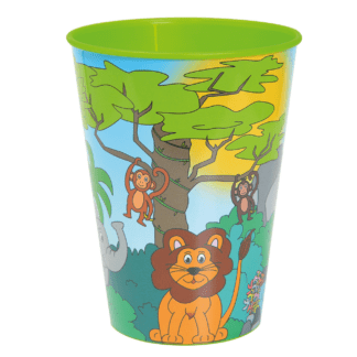 Gobelets Jungle - en plastique - avec animaux de la jungle - Couleur : vert, et multicolore - Hauteur : 9,7 cm - Ø 7,5 cm - 26 cl - Mondo Déco entreprise française