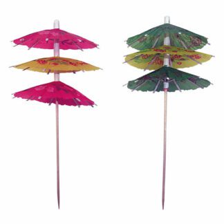 Ombrelles Triples : 250 pièces Sur pique Dimensions hors pique : Ø 8,5 cm Assortiment multicolore Modèles aléatoires Matière : bois et papier Référence : 7001 Décoration glaces et cocktails - Mondo déco entreprise française