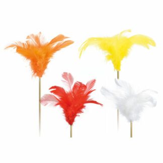 Plumes cabaret : 200 pièces - Sur piques en bois - Dimensions :  H. 10 cm - Référence : 7139 - Matière : Bois et plumes - Couleur : Uni, orange, blanc, jaune, rouge... - Modèles aléatoires - Collection : Les Plumes - Mondo Déco entreprise française - Décoration glaces et cocktails