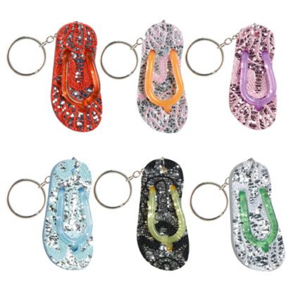 Porte-clés Tong Strass : 12 pièces - Dimensions : H. 6,5 cm - Référence : 7163 - Matière : EVA (Ethylene Vinyl Acetate) et métal - Couleur : Unie, aléatoires - Mondo Déco entreprise française