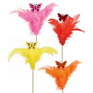Plumes Papillon Solo : 200 pièces - Sur pique en bois - Dimensions hors pique :  H.19 cm * Matière : Bois et plumes - Couleur : Uni, jaune, orange, rouge, rose... - Modèles aléatoires - Collection : Les Plumes - Référence : 7182 - Décoration glace et cocktail - Mondo Déco, entreprise française