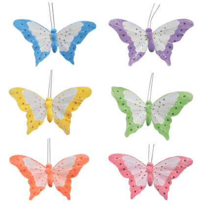 Papillons Pastel : Sur pique en bois - 12 pièces - Dimensions : L. 10.5 cm | H. 6 cm - Référence : 7205 - Matière : Bois et Plume - Couleur : Bicolore, modèles aléatoires - Mondo Déco entreprise française