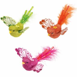 Oiseaux Plumes et Perles : Piques en bois incluses - 12 pièces - Dimensions : L. 10 cm - Référence : 7226 - Matière : Plumes - Couleur : Uni, rose, vert ou orange - Modèles aléatoires - Mondo Déco entreprise française