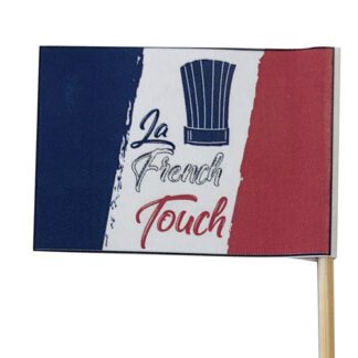 Drapeaux French Touch Bleus : Peut servir de pique à viande 500 pièces Sur pique en bois de 15 cm Dimensions hors pique : H. 3,5 cm | L. 5 cm Couleurs : bleu, blanc, rouge Matière : papier Référence : 7288B Décoration glaces et cocktails - Mondo Déco entreprise française