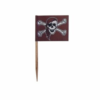 Drapeaux Pirate marrons : Peut servir de pique à viande 250 pièces Sur pique en bois Dimensions hors pique : H. 2,5 cm | L. 3,5 cm Couleurs : marron et blanc Matière : papier Référence : 855M - Mondo Déco entreprise française