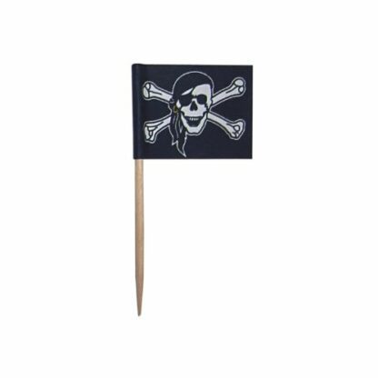 Drapeaux Pirate noirs : Peut servir de pique à viande 250 pièces Sur pique en bois Dimensions hors pique : H. 2,5 cm | L. 3,5 cm Couleurs : noir et blanc Matière : papier Référence : 855N - Mondo Déco entreprise française