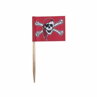 Drapeaux Pirate rouges : Peut servir de pique à viande 250 pièces Sur pique en bois Dimensions hors pique : H. 2,5 cm | L. 3,5 cm Couleurs : rouge et blanc Matière : papier Référence : 855R - Mondo Déco entreprise française