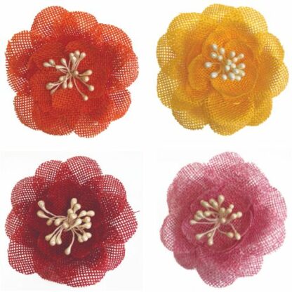 Fleurs Bellissima sur pince : 250 pièces - Dimensions :  Ø 7 cm - Référence : 7296 - Matière : Tissu maille en plastique - 4 couleurs - Jaune, orange, rouge et rose - Modèles aléatoires - Mondo Déco entreprise française