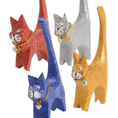 Chats Paillettes Bois : Fabrication artisanale - Référence : 7342 - 200 pièces - Dimensions : Sujet : H.10 cm - L. 5 cm - Pique : 15 cm - Décoration sur pique en bois - Matière : Bois - Couleur : Multicolore - Collection Artisanat Bois - Mondo Déco entreprise française