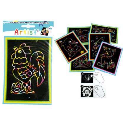 Coloriage magique - carte noires à gratter avec motif - fond couleur arc-en-ciel - Idée cadeau menu enfant - Mondo Déco entreprise française