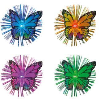 Papillons lumineux sur pince : 24 pièces Sur pique en bois Dimensions hors pique : H. 8 cm | L. 9 cm Couleurs : multicolore Modèles aléatoires Matière : plastique, fibre optique Référence : 7387 Décoration glaces et cocktails - Mondo Déco entreprise française