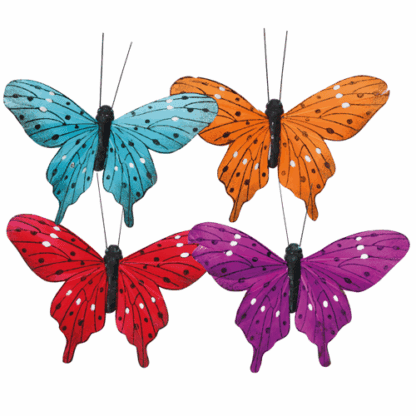 Broches papillons élégants : 12 pièces Dimensions : H.8 cm - L. 11 cm Sur pince en métal Couleurs : multicolore Modèles aléatoires Matière : textile et métal Référence : 7412 Décoration glaces et cocktails