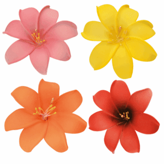 Broches fleurs de Tiaré : 250 pièces Dimensions : Ø 7,5 cm Sur pince en métal Couleurs : multicolore Modèles aléatoires Matière : matière synthétique et métal Référence : 7414 Décoration glaces et cocktails - Mondo deco