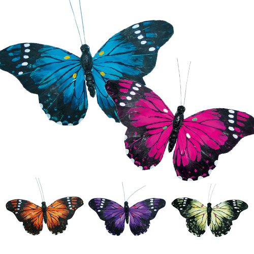 Descriptif des Papillons Plume Géant sur pique : Papillons décoratifs pour vos glaces et cocktails 240 pièces Dimensions hors pique :H 11,5 cm L 20 cm Sur pique en bois Référence : 7063 Matière : synthétique Couleur : multicolore
