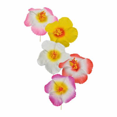 Descriptif des Hibiscus PM  : Fleurs décoratives pour vos glaces et cocktails 250 pièces Dimensions hors pique : Ø 7 cm Sur pique courte en bois Référence : 7136 Matière : synthétique Couleur : multicolore