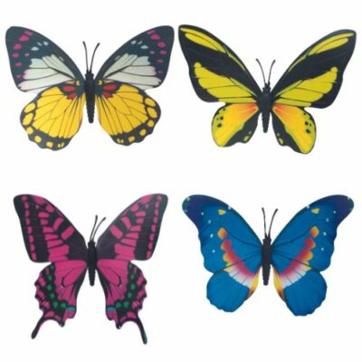 Descriptif des Papillons Papier Aile double sur pique  : Papillons décoratifs pour vos glaces et cocktails 250 pièces Dimensions hors pique : H 10 cm L 10 cm Sur pique en bois Référence : 7392 Matière : synthétique Couleur : multicolore