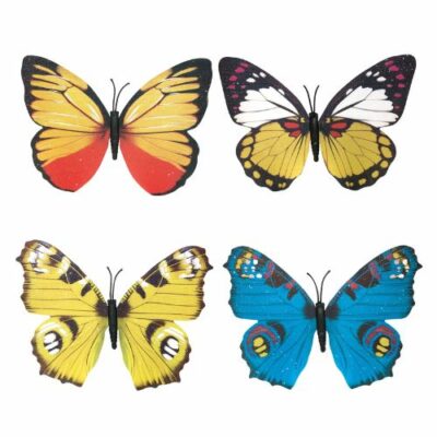 Descriptif des Papillons Papier Shiny  sur pique  : Papillons décoratifs pour vos glaces et cocktails 250 pièces Dimensions hors pique : H 12 cm L 15 cm Sur pique en bois Référence : 7242 Matière : synthétique Couleur : multicolore