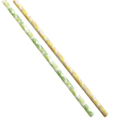 Descriptif des pailles papier Palmier : 500 pièces Dimensions : L.21 cm Ø7 mm Référence : 7298 Matière : papier 3 épaisseurs Couleur : vert,jaune Usage unique, matière recyclable