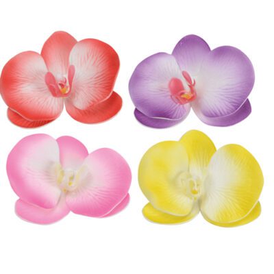 Descriptif des Broches Orchidées : Fleurs décoratives pour vos glaces et cocktails 300 pièces Dimensions : ø 10 cm Sur pince en métal Référence : 7365 Matière : EVA Couleur : multicolore