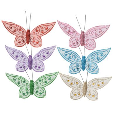 Descriptif des Papillons Féerie  sur pique  : Papillons décoratifs pour vos glaces et cocktails 240 pièces Dimensions hors pique : H 6,5 cm L 11,5 cm Sur pique court en bois Référence : 7385 Matière : synthétique Couleur : multicolore