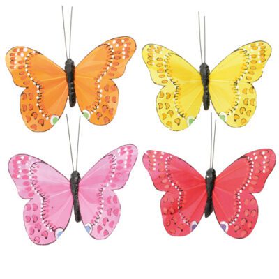 Descriptif des Broches papillons Pop : Papillons décoratifs pour vos glaces et cocktails 240 pièces Dimensions : H.6,5 cm L.11 cm Sur pince en métal Référence : 7432 Matière : synthétique Couleur : multicolore